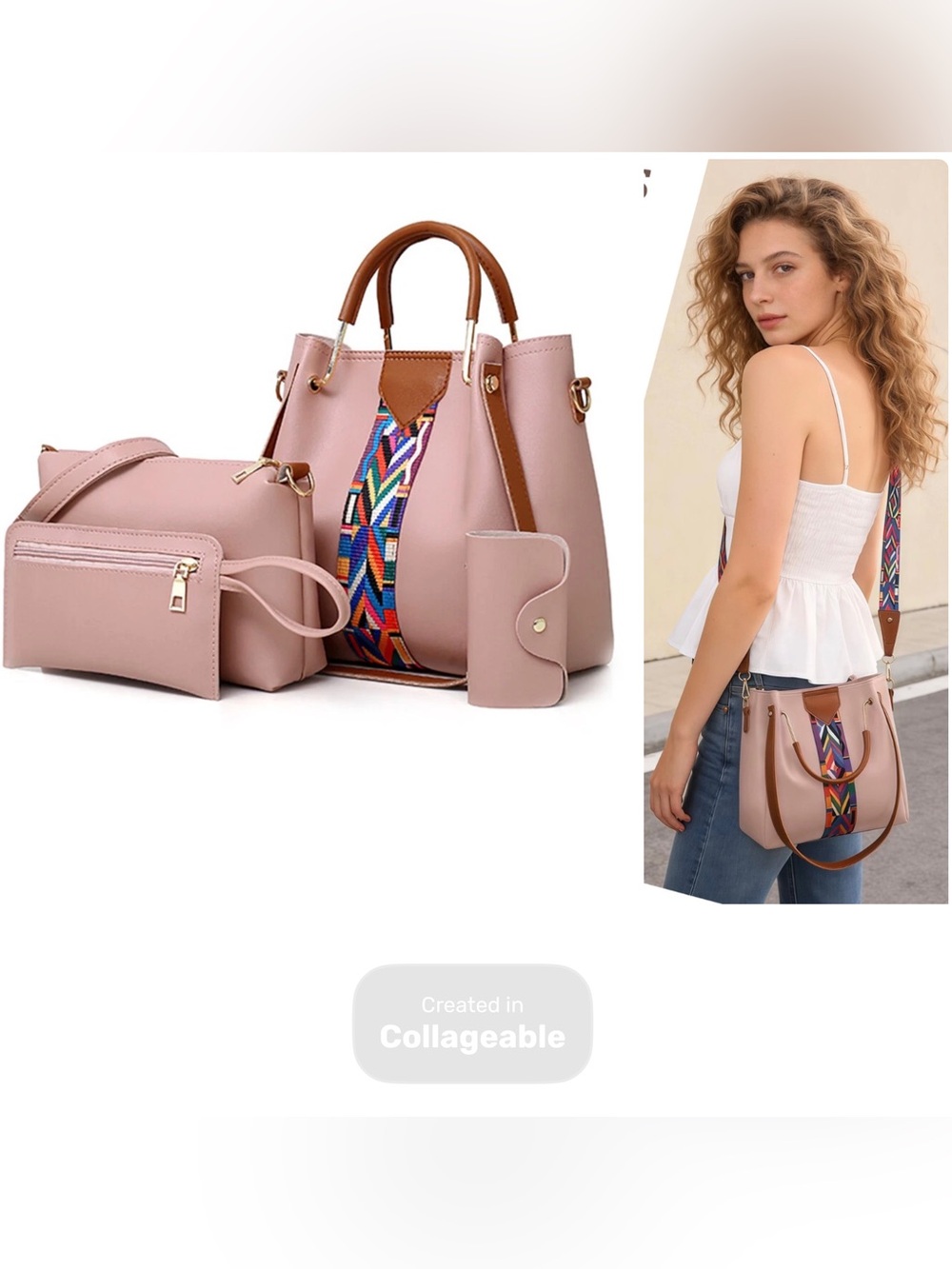 👜 Pink Tribal Brown Accent Handbag Statement 4 set Crossbody Wallet Card Holder
